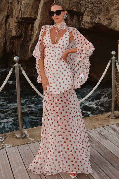 Polka Dot V-Neck Sheer Ruffle Capelet Rosette Neck Maxi Gown