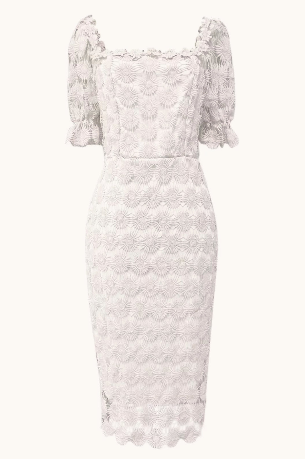 Floral Lace Square Neck Puff Sleeve Scalloped Hem Bodycon Midi Dress