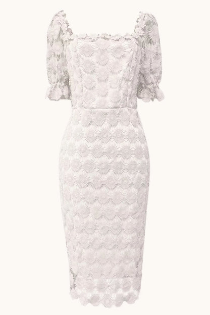 Floral Lace Square Neck Puff Sleeve Scalloped Hem Bodycon Midi Dress