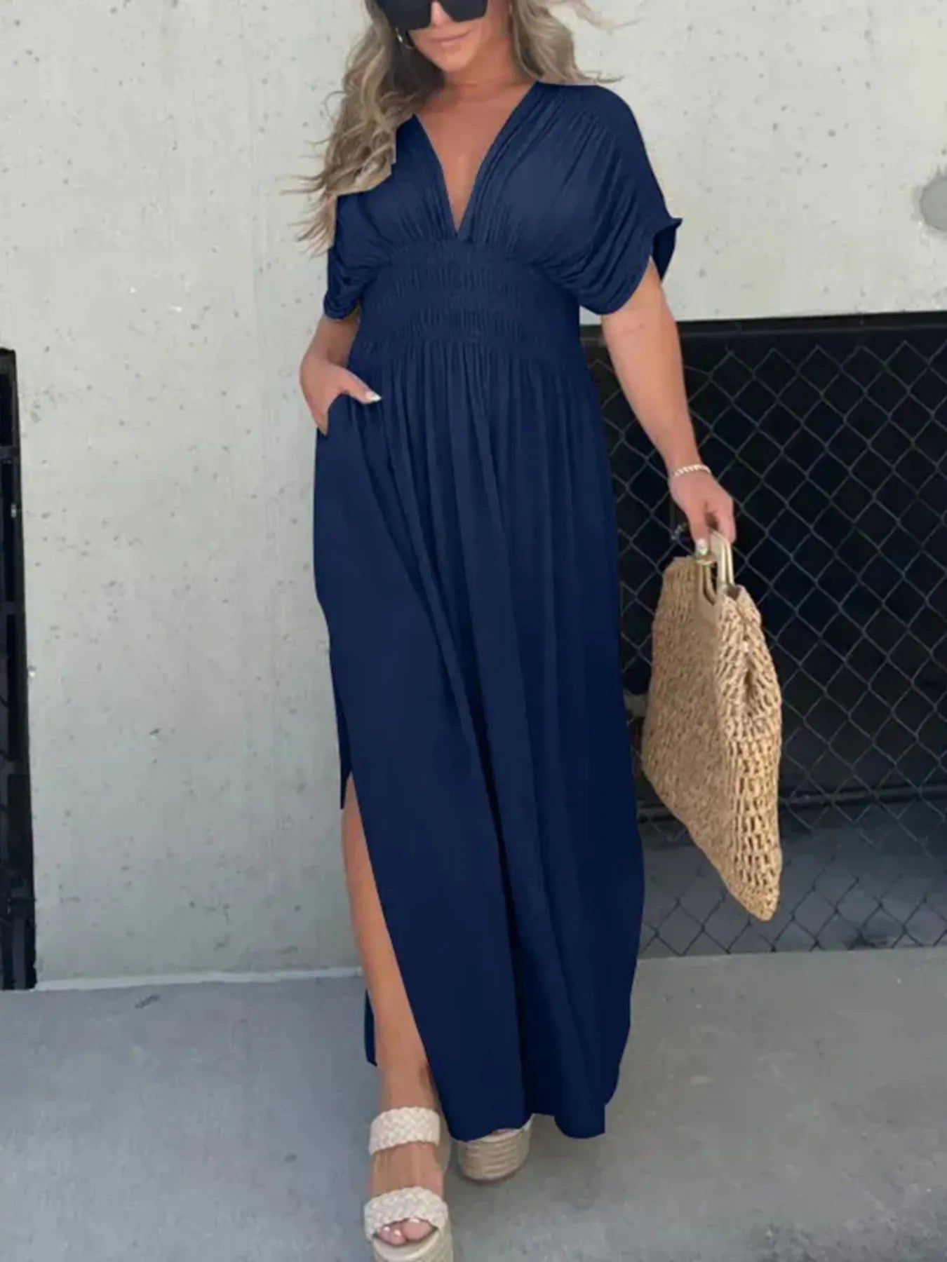 V-Neck Smocked Empire Waist Flutter Sleeve Pocket Maxi Dress with Side Slit