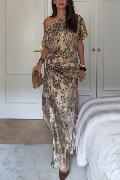 Cassie Satin Unique Print One Shoulder Ruched Waist Asymmetrical Hem Maxi Dress