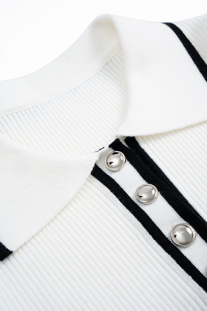 Knit Button Contrast Short-Sleeve Top