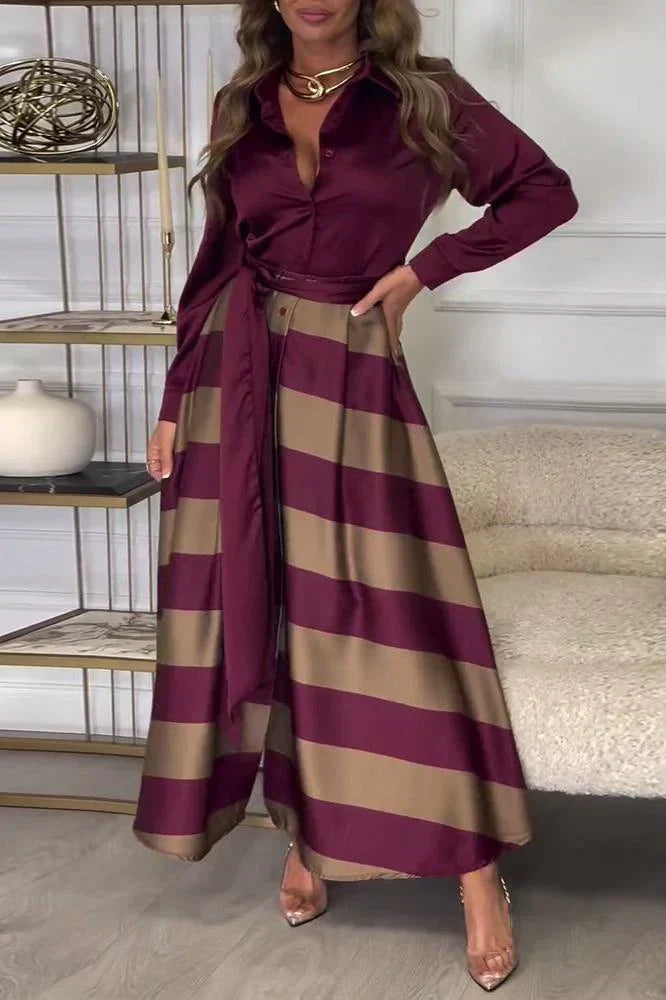 Collared Long Sleeve Button Down Tie Waist Striped Maxi Dress