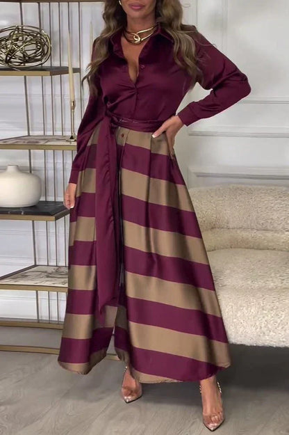Collared Long Sleeve Button Down Tie Waist Striped Maxi Dress