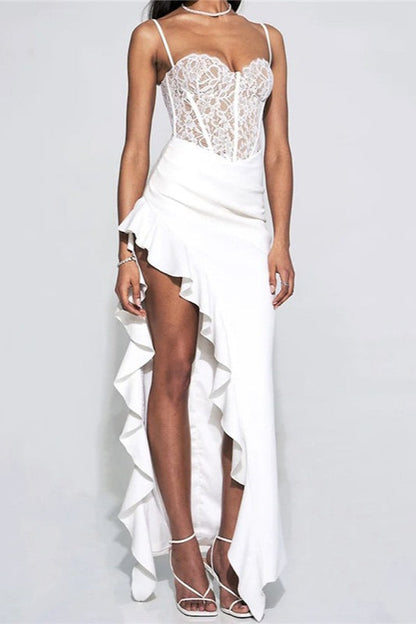 Lace Sweetheart Corset Spaghetti Strap Ruffle Slit Maxi Gown