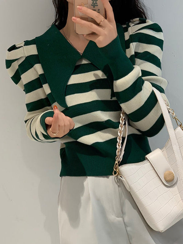 Striped Puff Sleeve Knit Sweater