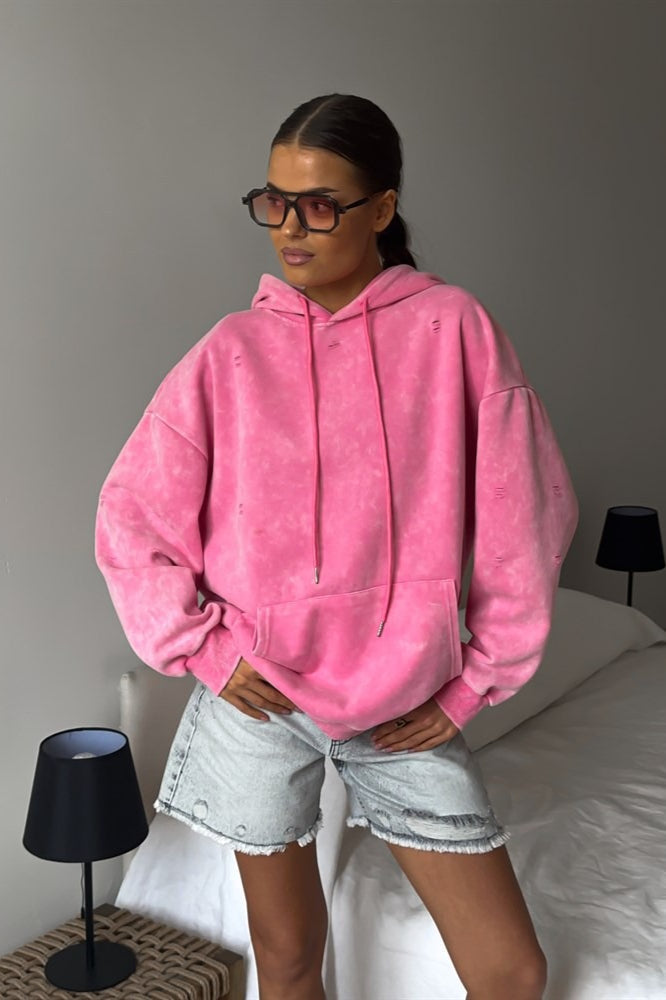 Distressed Washed Solid Cotton Hoodie