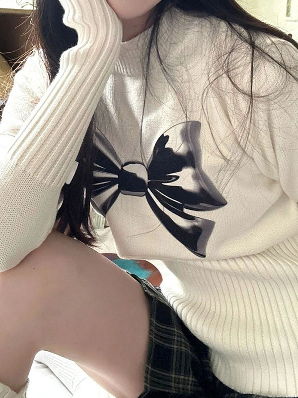 Vintage Bow Print Button Knit Sweater