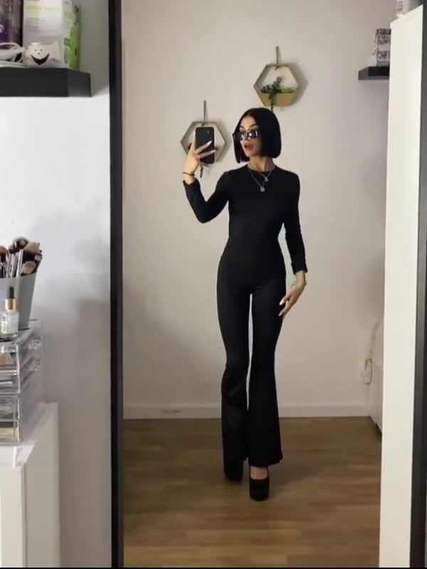 Backless Long Sleeve Flare Leg Jumpsuit