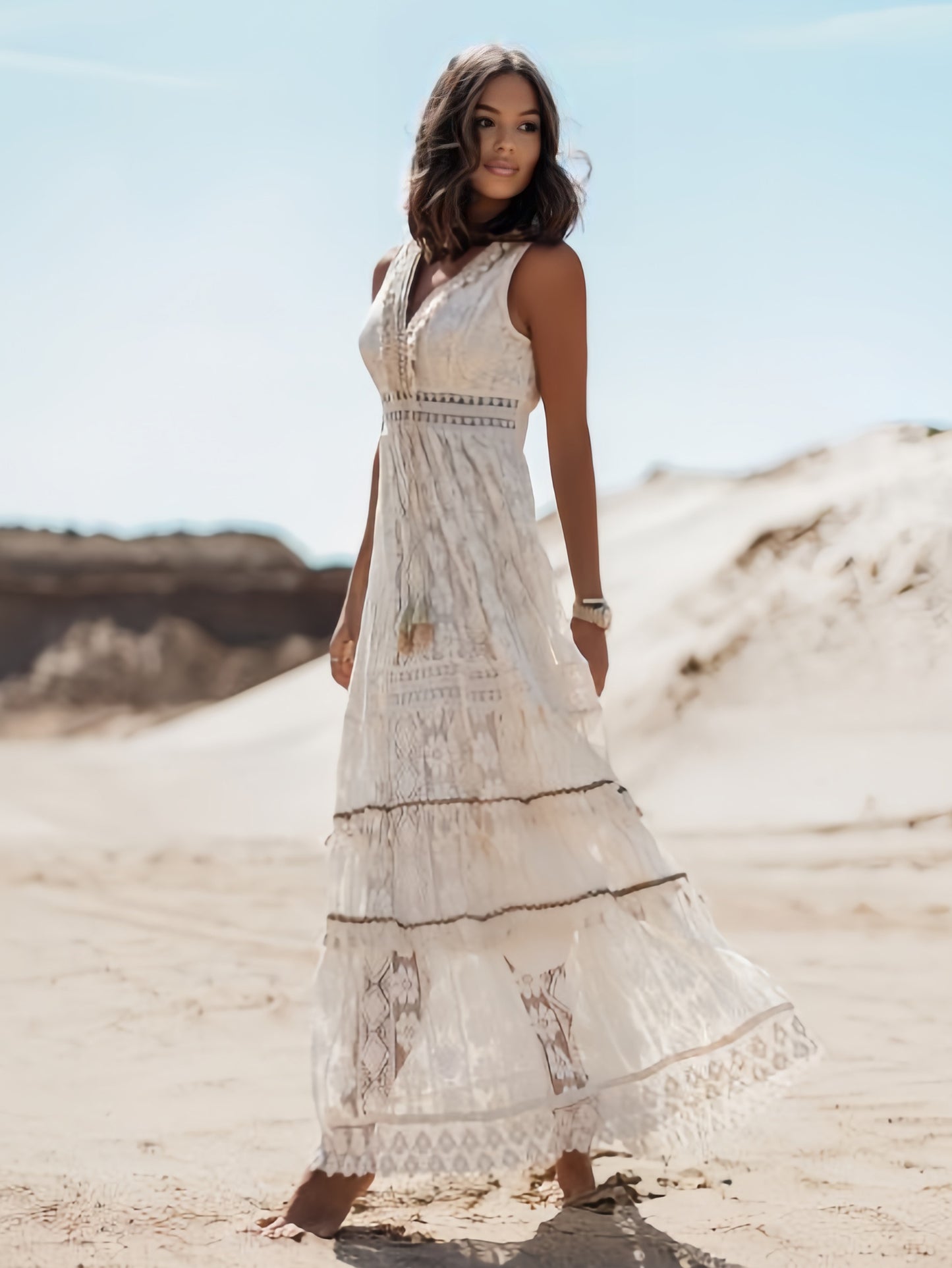 Lace Boho Maxi Dress For Women - Chic V Neck Sleeveless Hollow Out Sundress - Summer Beach Vacation 2026