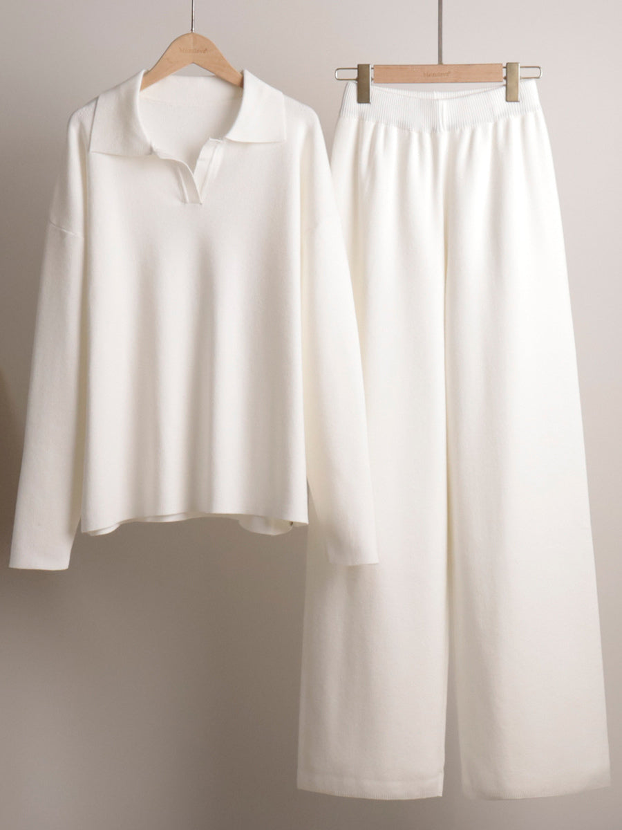Knit Pant Set Drop Shoulder Pullover And Wide Leg Trousers For Women