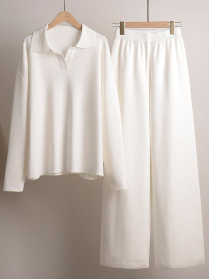 Knit Pant Set Drop Shoulder Pullover And Wide Leg Trousers For Women
