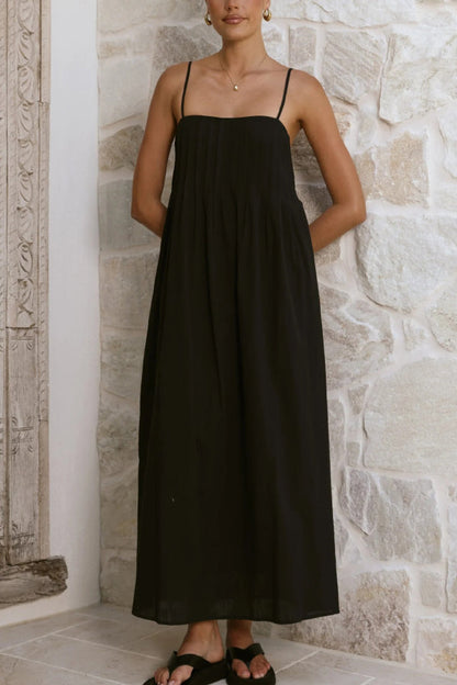 Solid Color Pleated Square Neck Suspender Casual Midi Dress