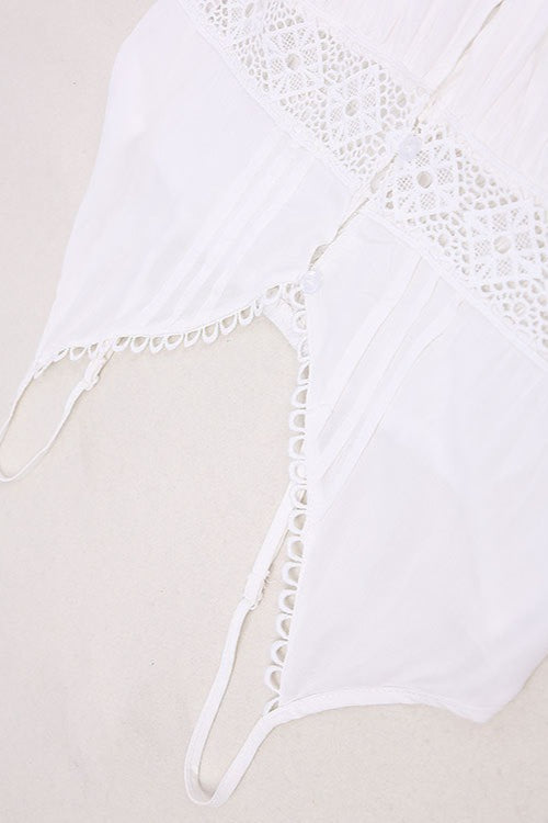 Scalloped Lace Trim Button Front Crochet Inset Tiered Maxi Dress