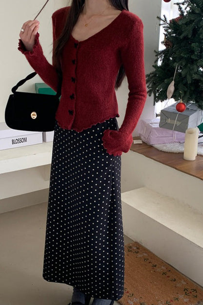 High Waist Polka Dot Back Slit Skirt