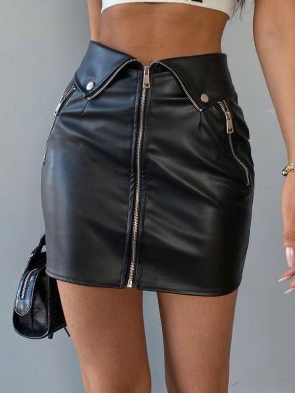 Skirt For Women Black Metal Details PU Leather Short Women Bottoms