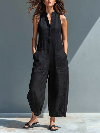 Sleeveless Minimalist Linen Blend Jumpsuit for Women with High Collar and Buttons