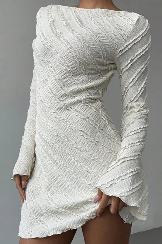 Diagonal Ruffle Textured Boat Neck Bell Sleeve Bodycon Mini Dress