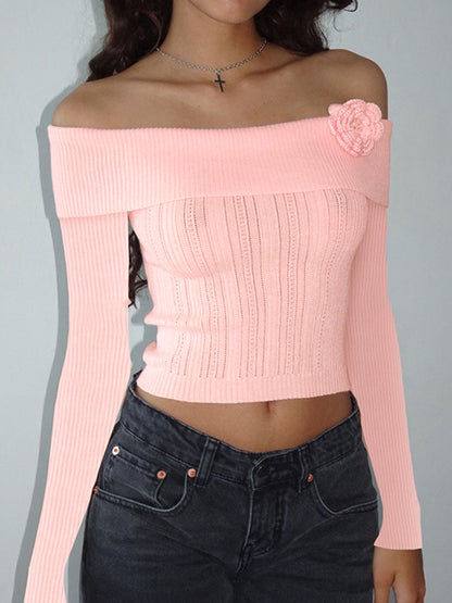 Solid Flower Decor Off Shoulder Sweater