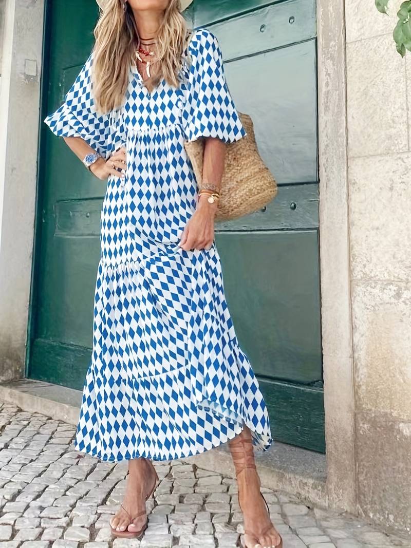Harlequin Diamond Print Deep V Neck Puff Sleeve Tiered Maxi Dress