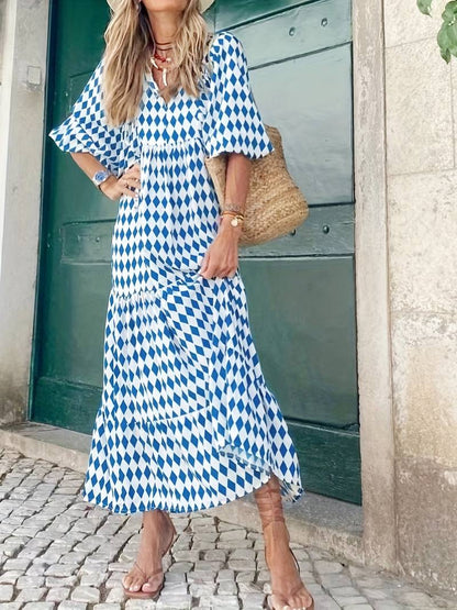 Harlequin Diamond Print Deep V Neck Puff Sleeve Tiered Maxi Dress