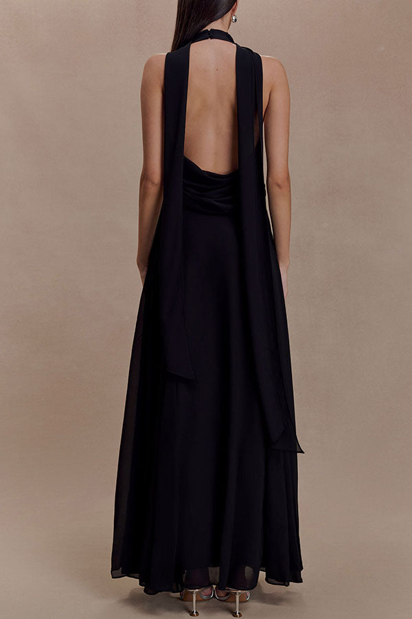 Santal Chiffon Detachable Halter Cowl Neck Scarf Floral Diamante Trims Maxi Dress