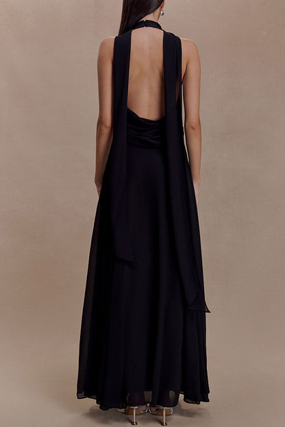 Santal Chiffon Detachable Halter Cowl Neck Scarf Floral Diamante Trims Maxi Dress