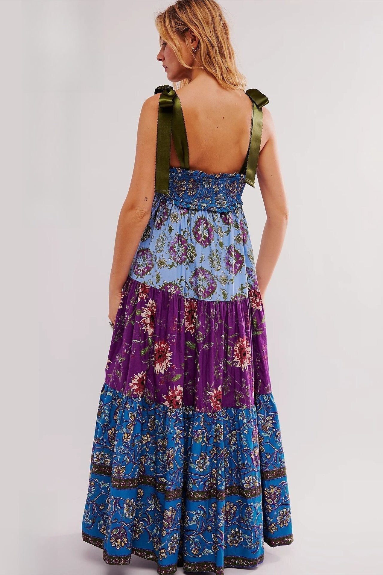 Smocked Sweetheart Neck Tie Shoulder Tiered Floral Paisley Maxi Dress
