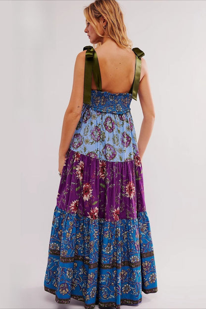 Smocked Sweetheart Neck Tie Shoulder Tiered Floral Paisley Maxi Dress