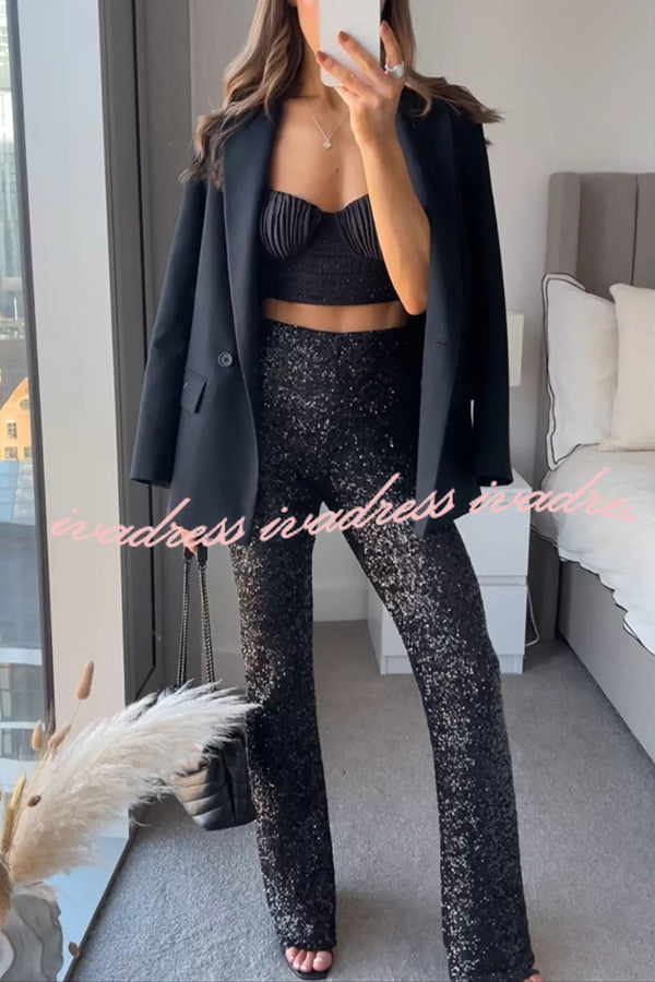 Diva Velvet Sequin High Rise Elastic Waist Flare Pants