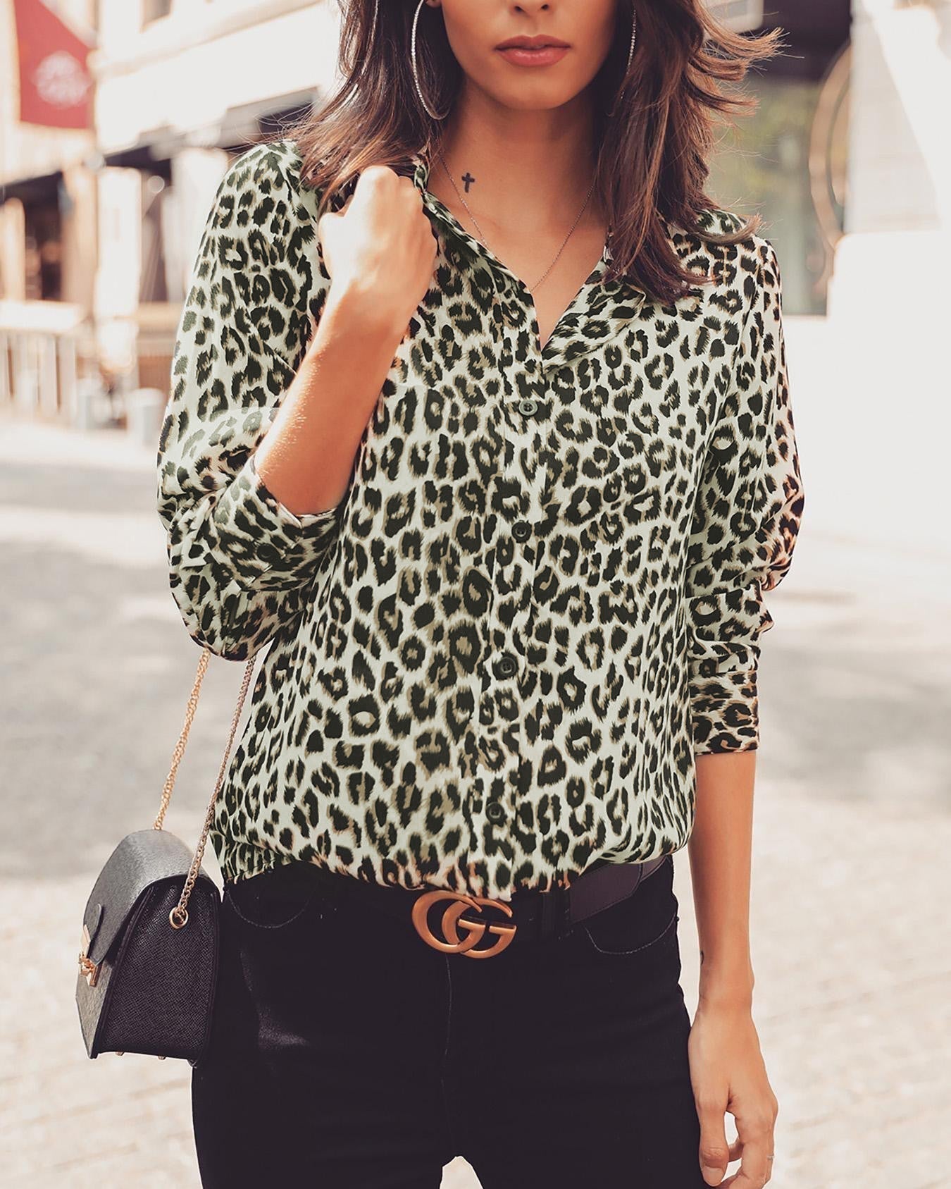 Women's Leopard Print Button-Up Blouse – Long Sleeve Stylish Top
