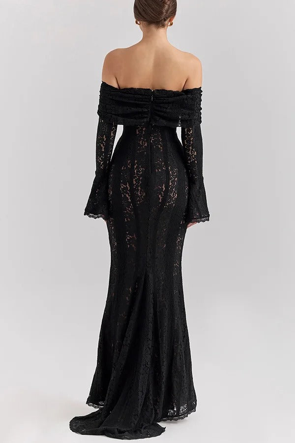 Floral Lace Off Shoulder Bell Sleeve Mermaid Maxi Dress
