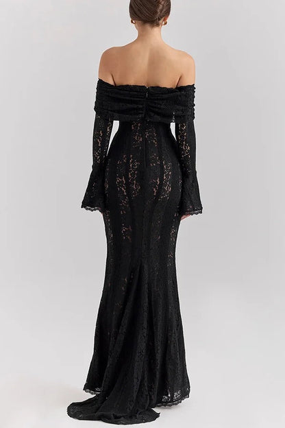 Floral Lace Off Shoulder Bell Sleeve Mermaid Maxi Dress