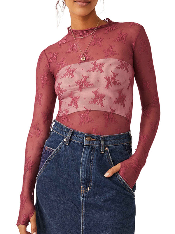Solid See Through Lace Mock Neck Long Sleeve Tee
