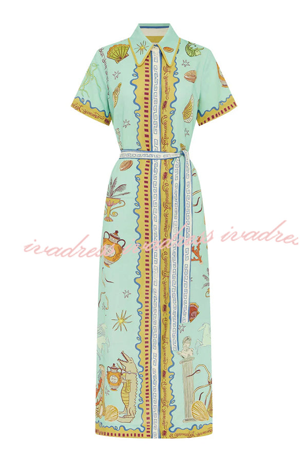 Deep Sea Dreaming Linen Blend Unique Print Short Sleeve Tie-up Shirt Maxi Dress