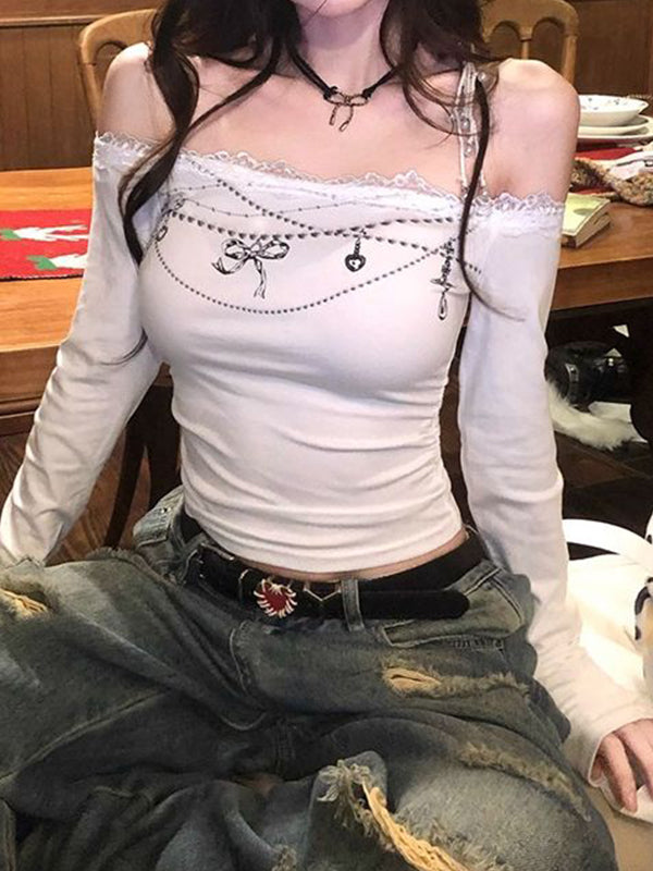One Shoulder Lace Print Long Sleeve Tee