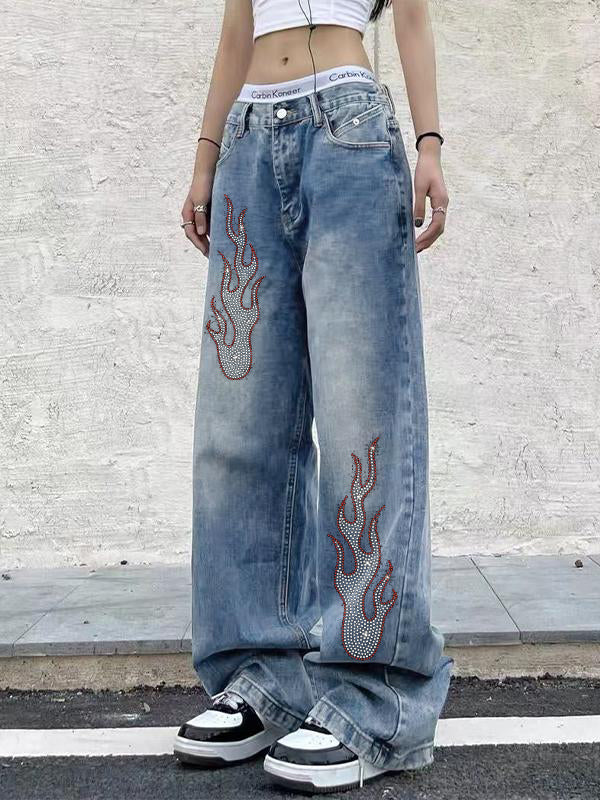 Flame Hot Diamond Printing Vintage Blue Wide Leg Boyfriend Jeans