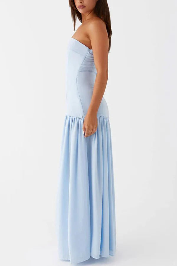 Strapless Bandeau Drop-Waist Gathered Chiffon High-Slit Maxi Gown