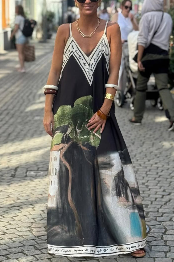Unique Print Loose-fitting V-neck Casual Holiday Maxi Dress