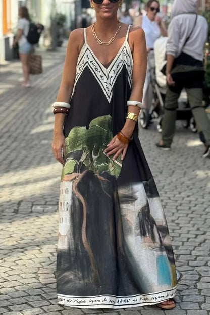 Unique Print Loose-fitting V-neck Casual Holiday Maxi Dress