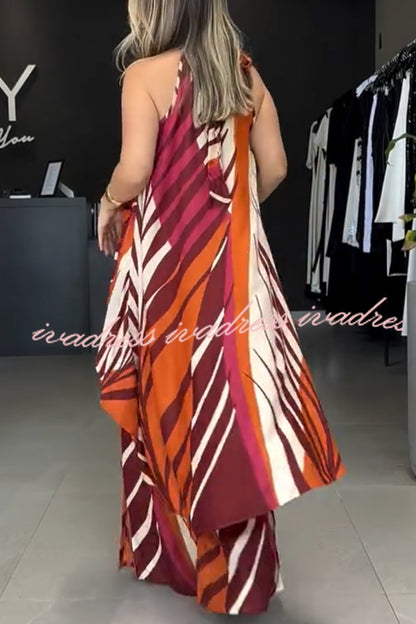 Edina Unique Print High Low Halter Loose Top and Elastic Waist Pocketed Wide Leg Pants Set