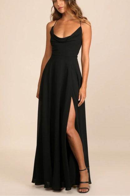 Cowl Neck Spaghetti Strap High Slit A-Line Chiffon Maxi Gown