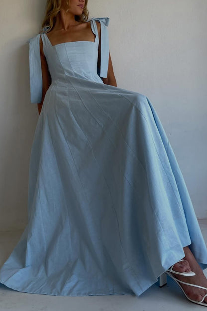 Solid Color Sleeveless Tie-up Suspender Elegant Patchwork Maxi Dress