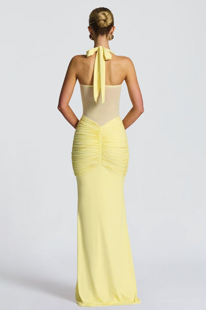 Halter Sweetheart Ruched Mesh Panel Cutout Front Drape Maxi Dress