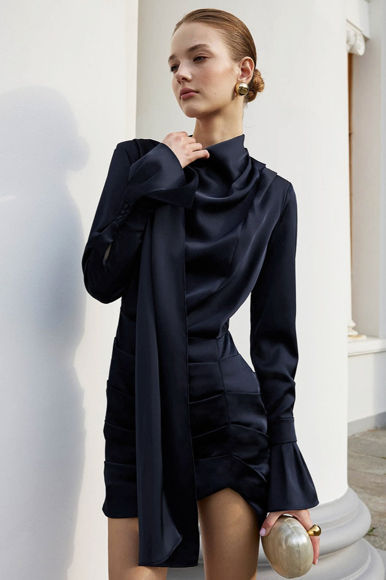 Mock Neck Flared Cuff Satin Ruched Side Asymmetric Hem Mini Dress