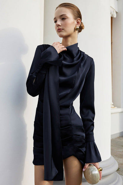 Mock Neck Flared Cuff Satin Ruched Side Asymmetric Hem Mini Dress