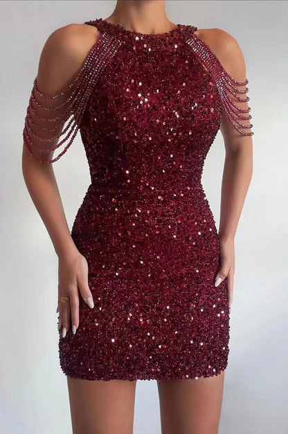 Sexy Crystal Fringe Halter Sequin Bodycon Cocktail Dress