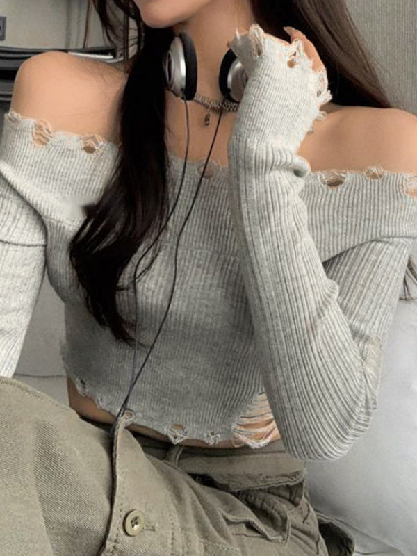 Solid Tattered Off Shoulder Long Sleeve Knit