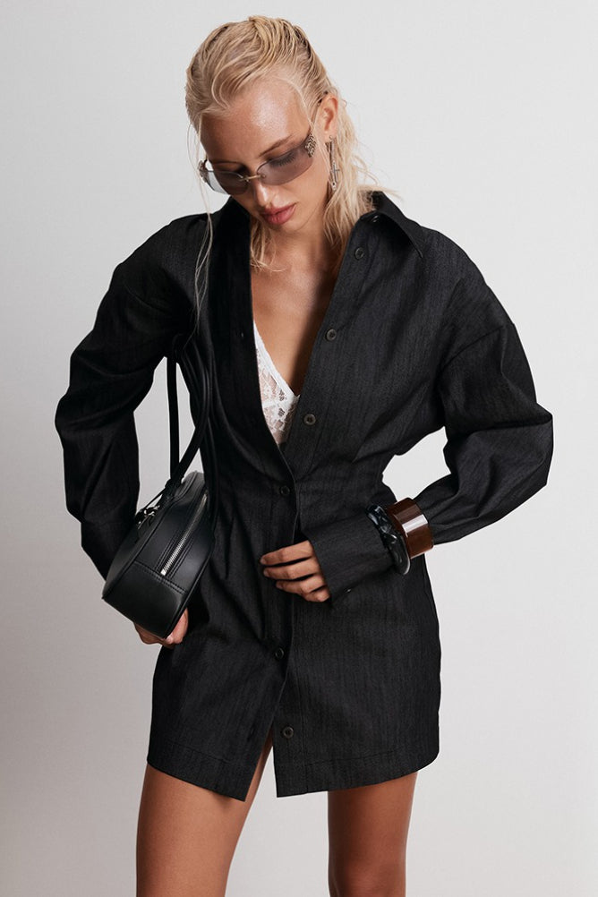 Collared Button Front Long Sleeve Cinched Waist Denim Mini Shirt Dress