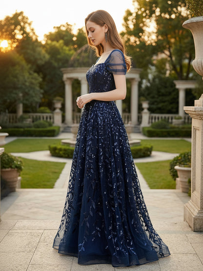 Deep Blue Sequin Maxi Prom Dress with Sweetheart Neckline and Off-shoulder For Summer 2026